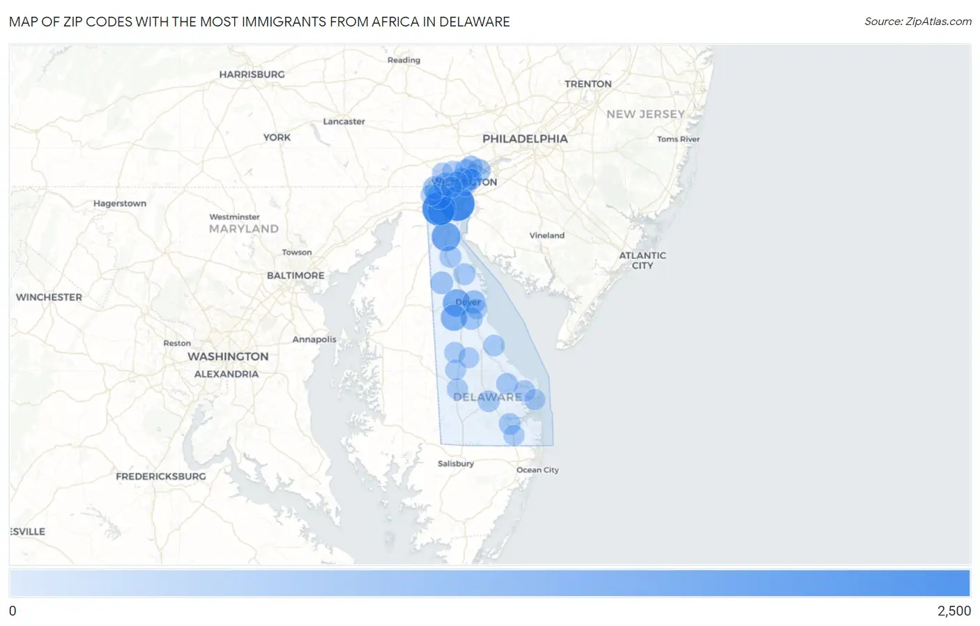 Zip Codes with the Most Immigrants from Africa in Delaware Map