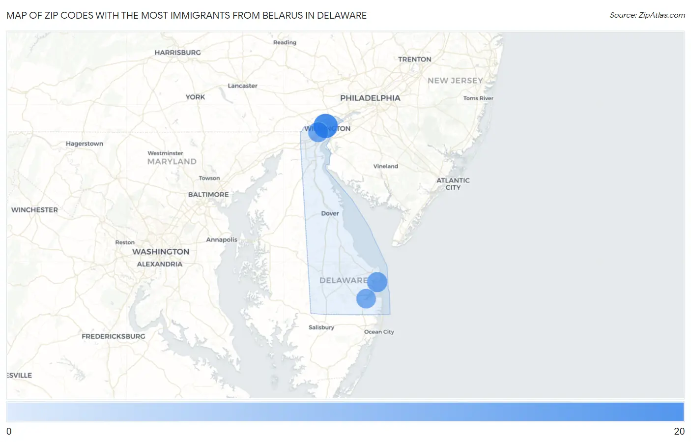 Zip Codes with the Most Immigrants from Belarus in Delaware Map