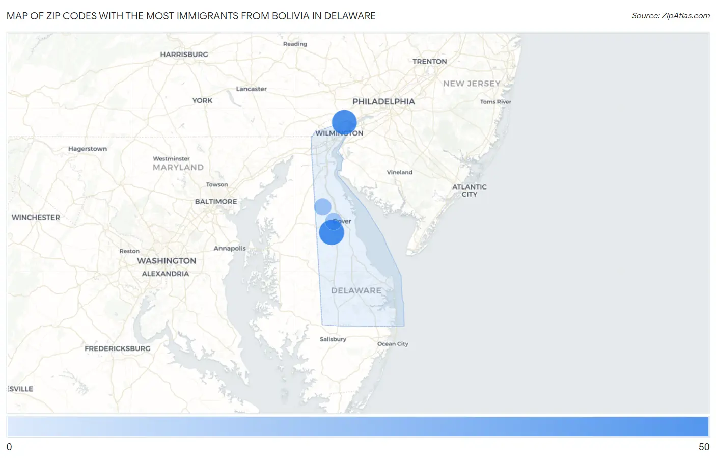 Zip Codes with the Most Immigrants from Bolivia in Delaware Map