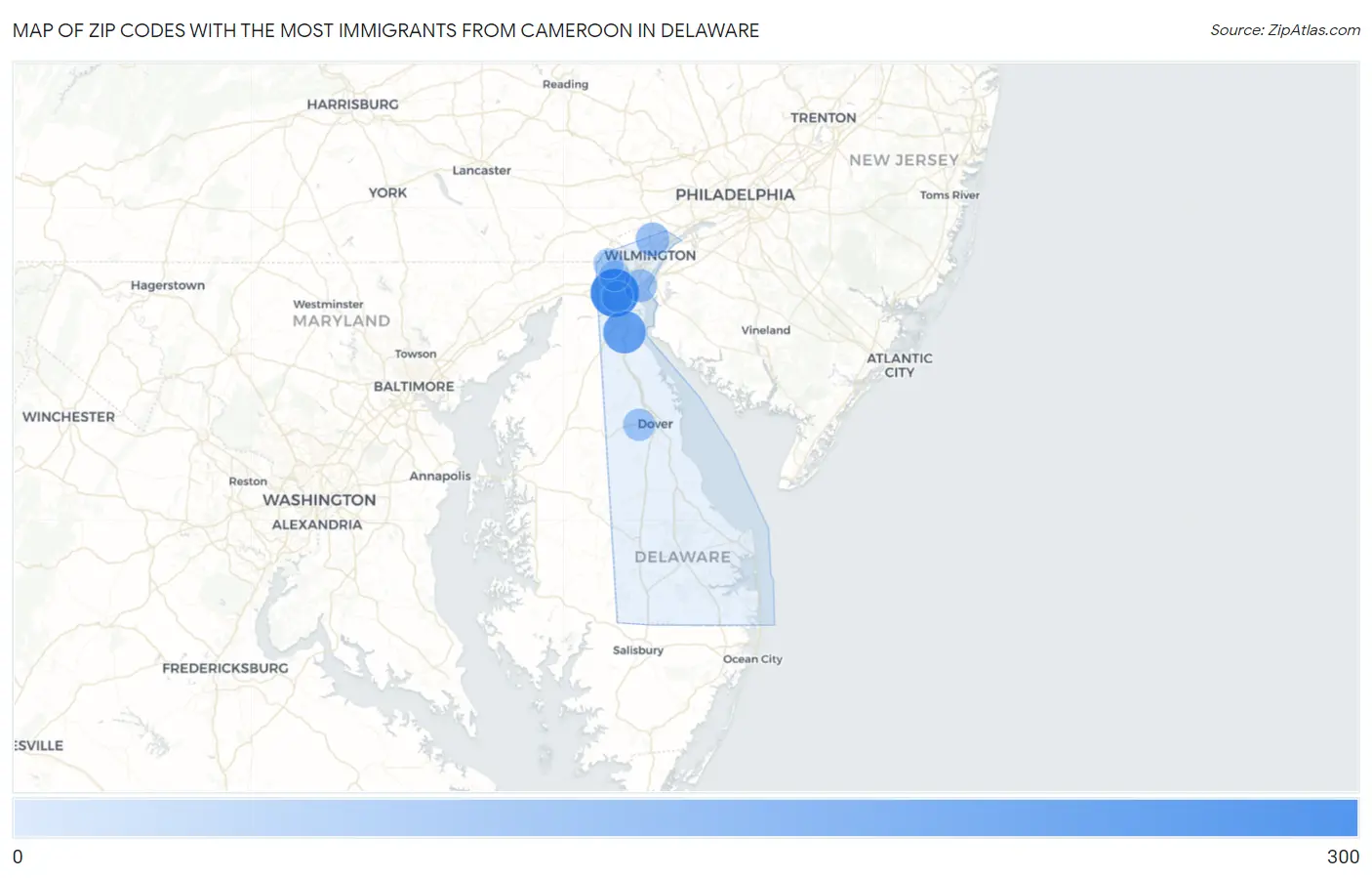 Zip Codes with the Most Immigrants from Cameroon in Delaware Map