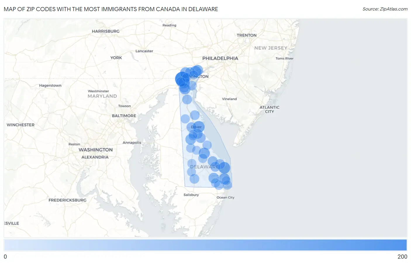 Zip Codes with the Most Immigrants from Canada in Delaware Map
