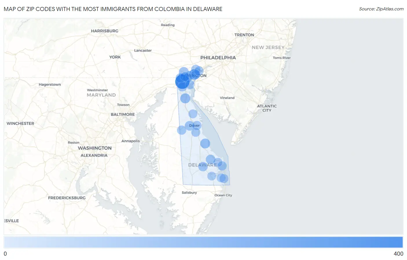 Zip Codes with the Most Immigrants from Colombia in Delaware Map