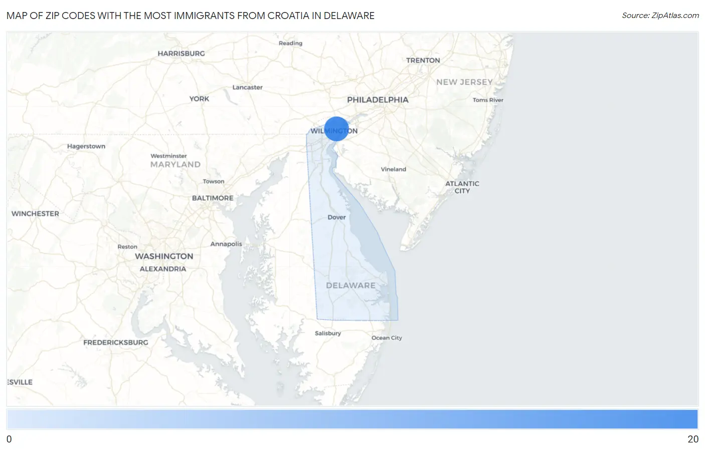 Zip Codes with the Most Immigrants from Croatia in Delaware Map