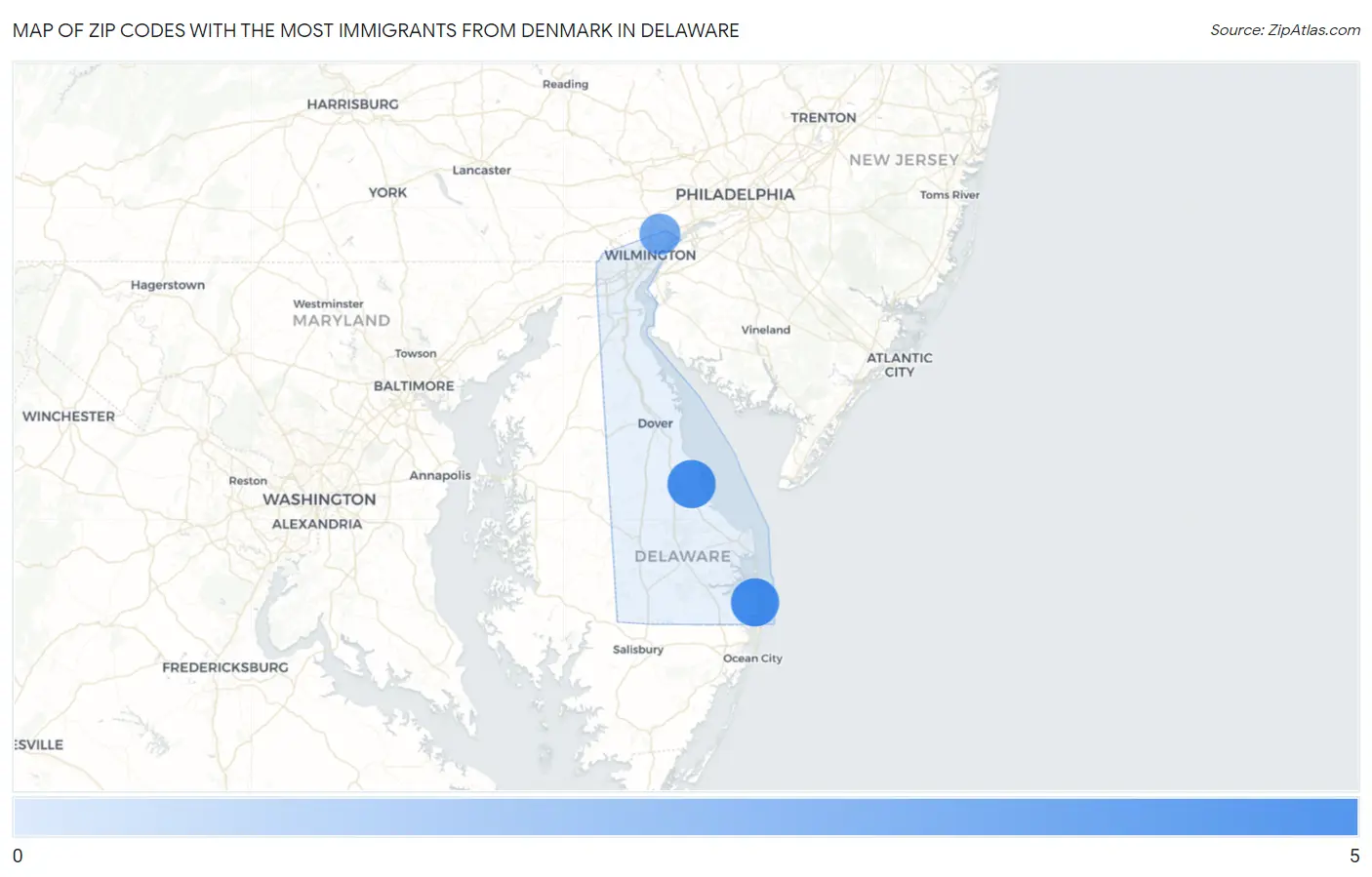 Zip Codes with the Most Immigrants from Denmark in Delaware Map