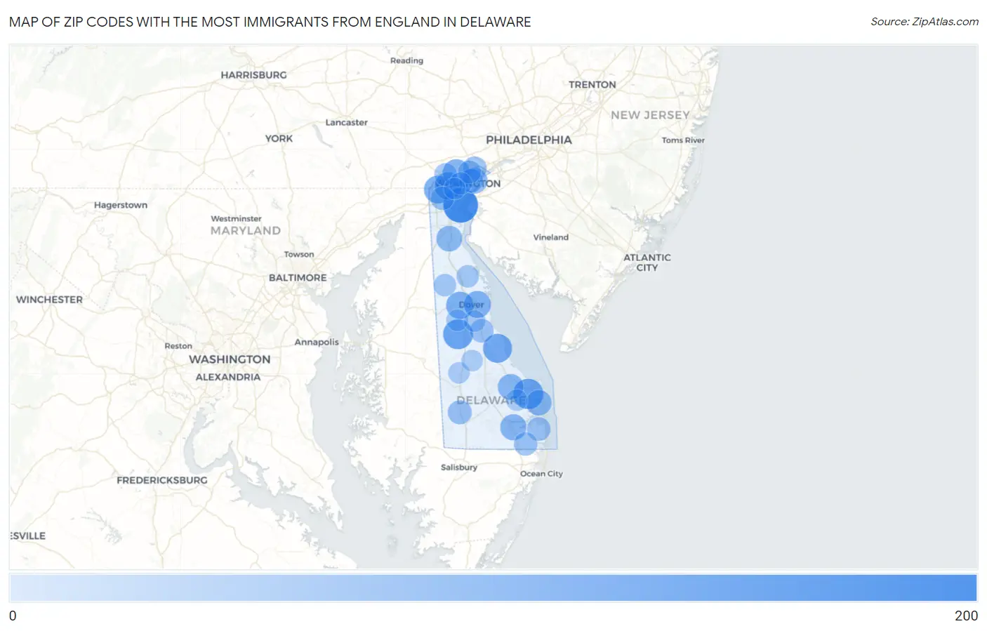 Zip Codes with the Most Immigrants from England in Delaware Map