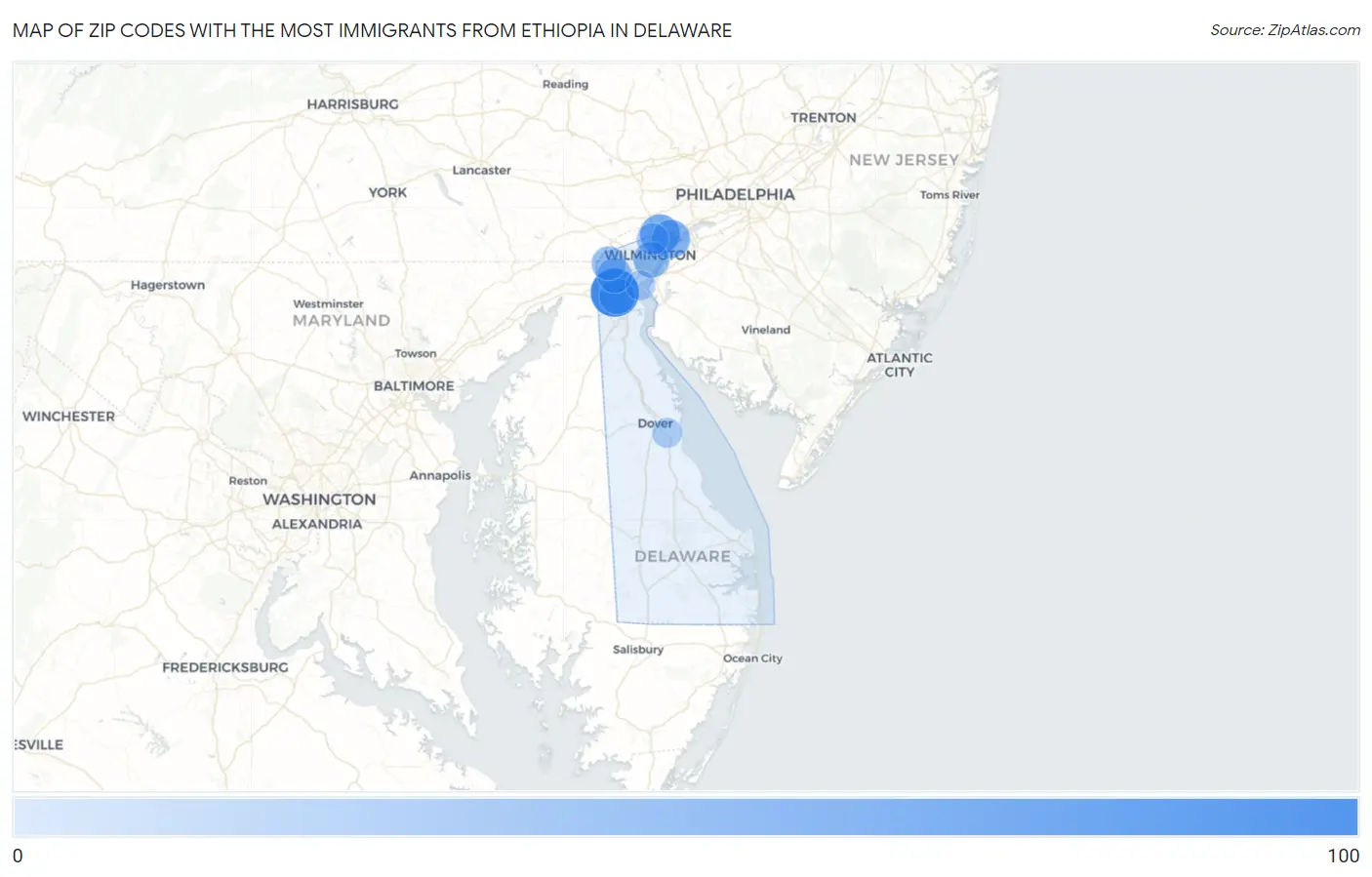 Zip Codes with the Most Immigrants from Ethiopia in Delaware Map