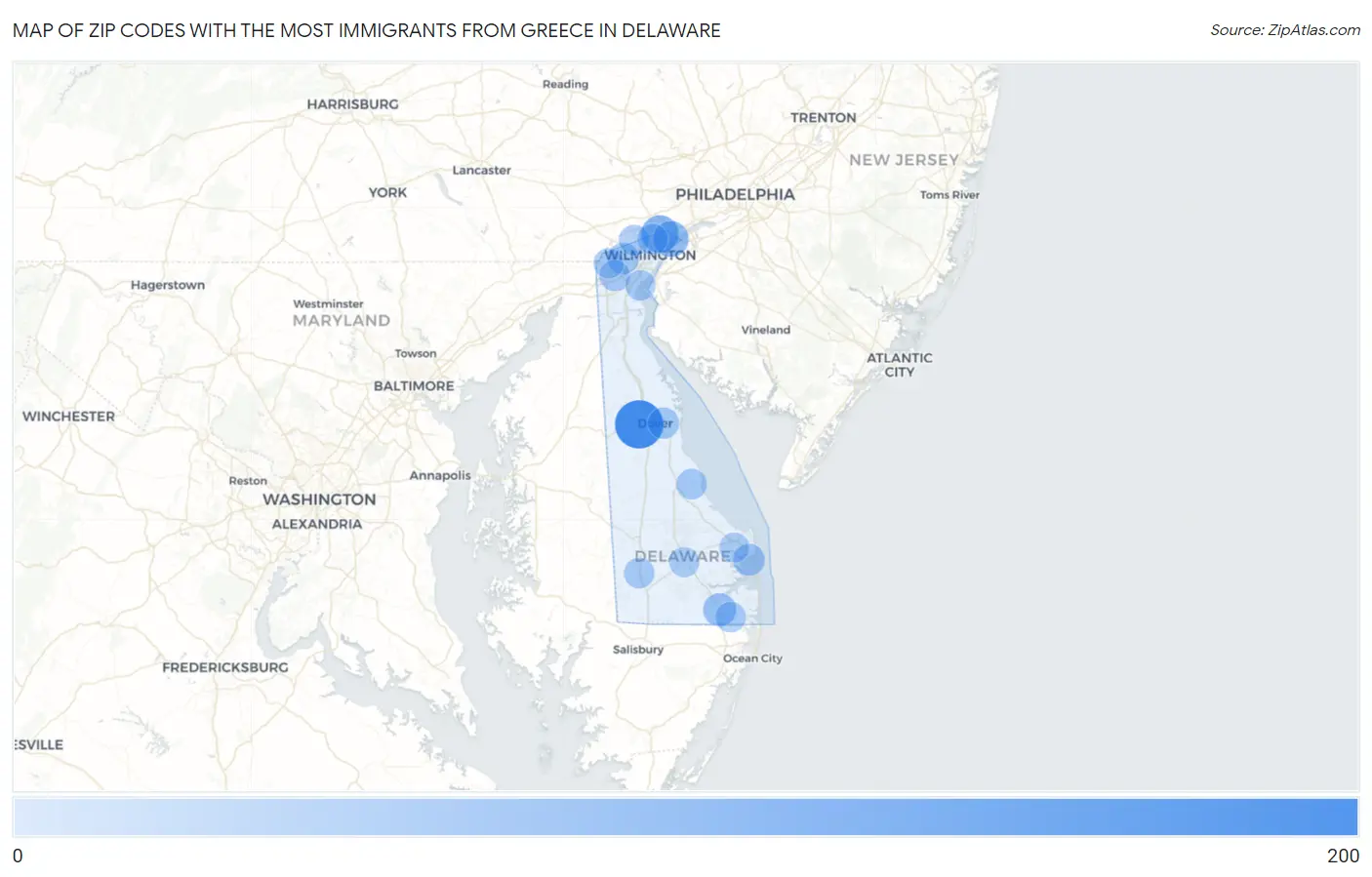 Zip Codes with the Most Immigrants from Greece in Delaware Map