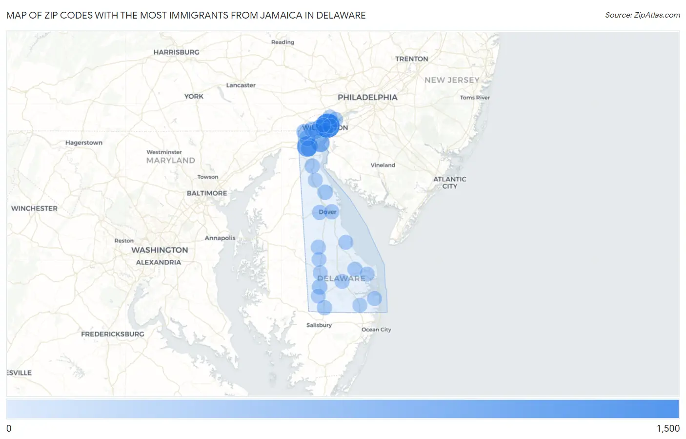 Zip Codes with the Most Immigrants from Jamaica in Delaware Map