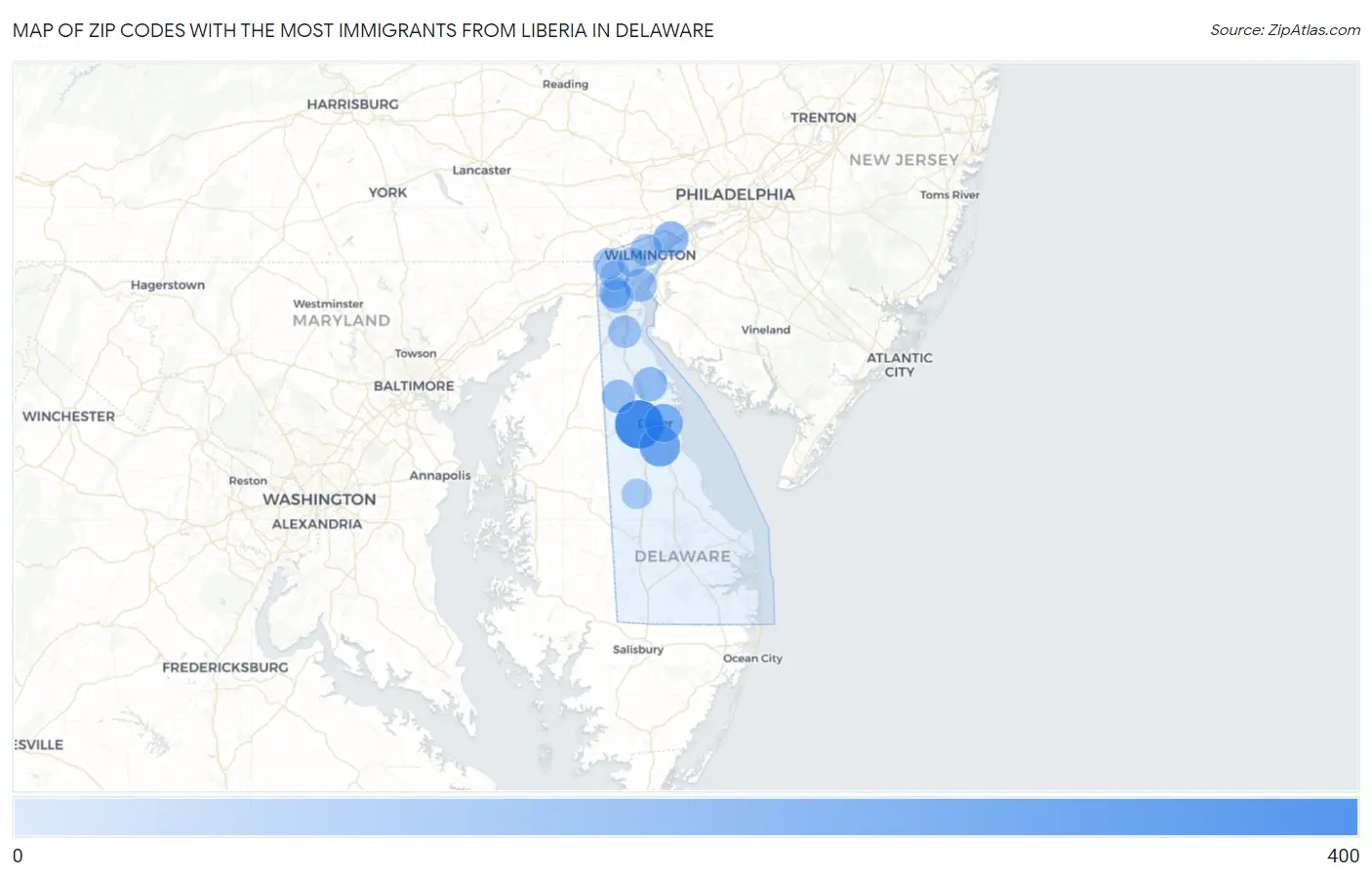 Zip Codes with the Most Immigrants from Liberia in Delaware Map