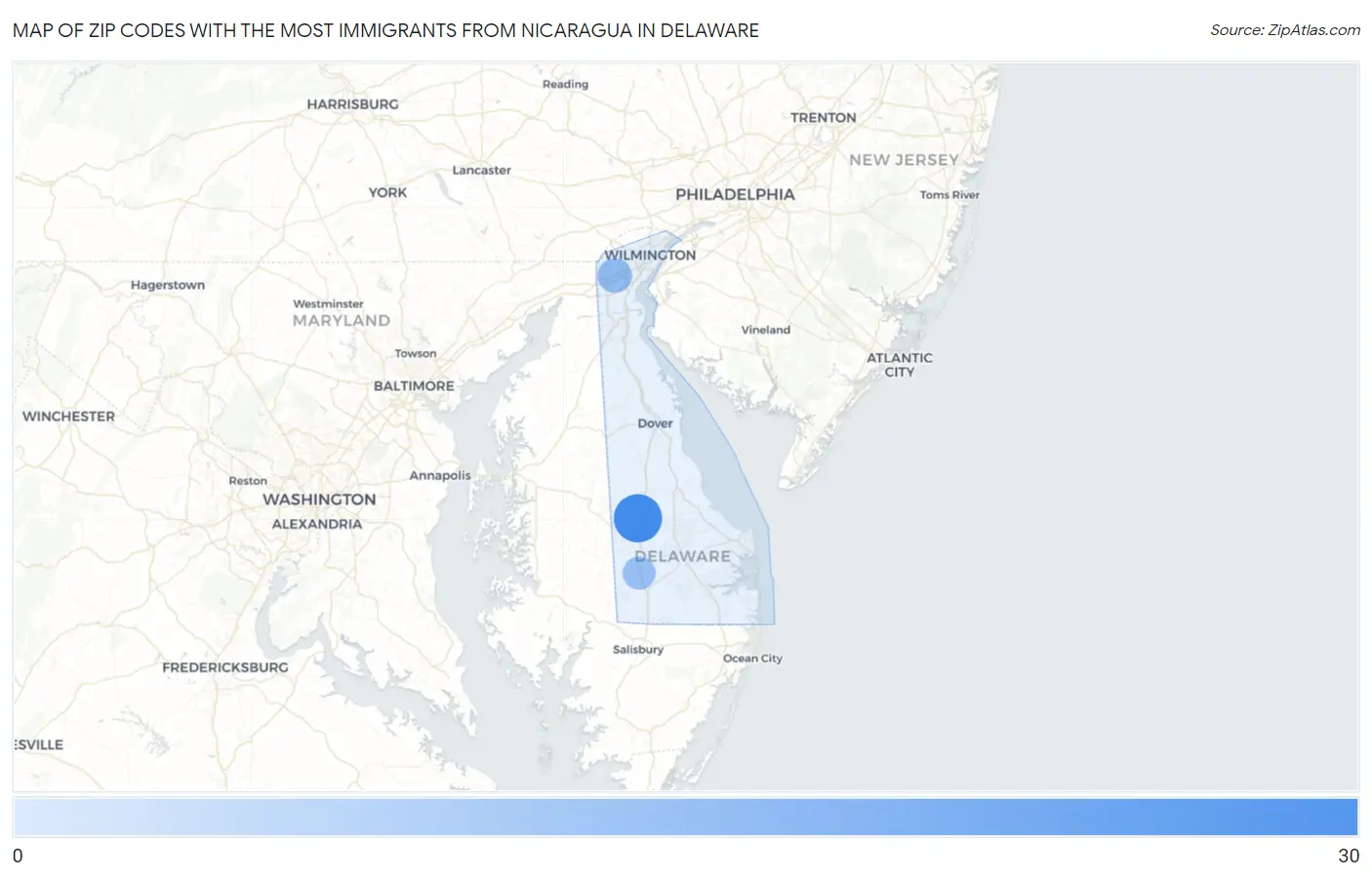 Zip Codes with the Most Immigrants from Nicaragua in Delaware Map