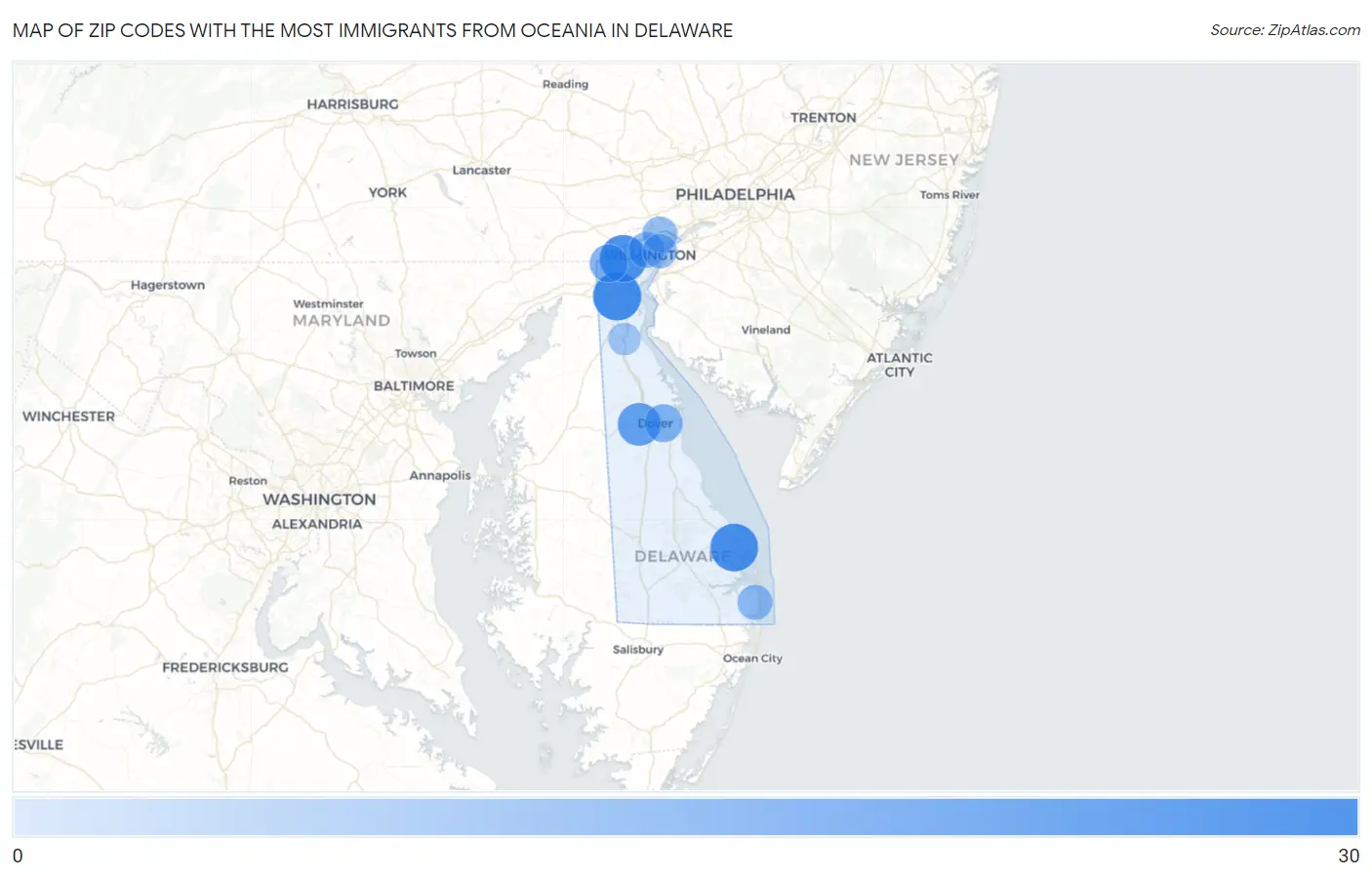 Zip Codes with the Most Immigrants from Oceania in Delaware Map