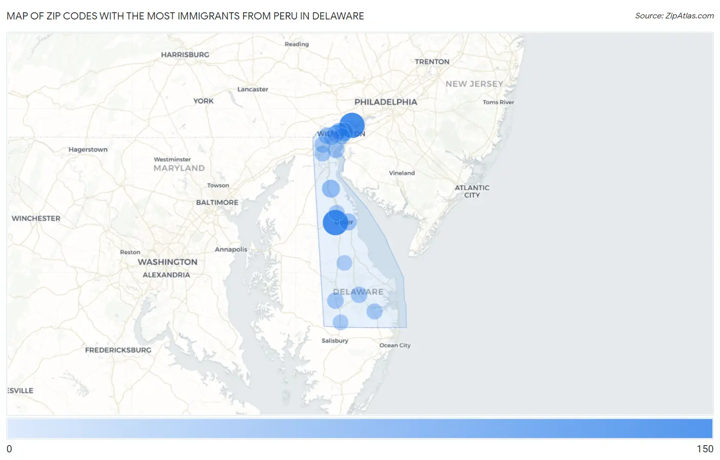 Zip Codes with the Most Immigrants from Peru in Delaware Map