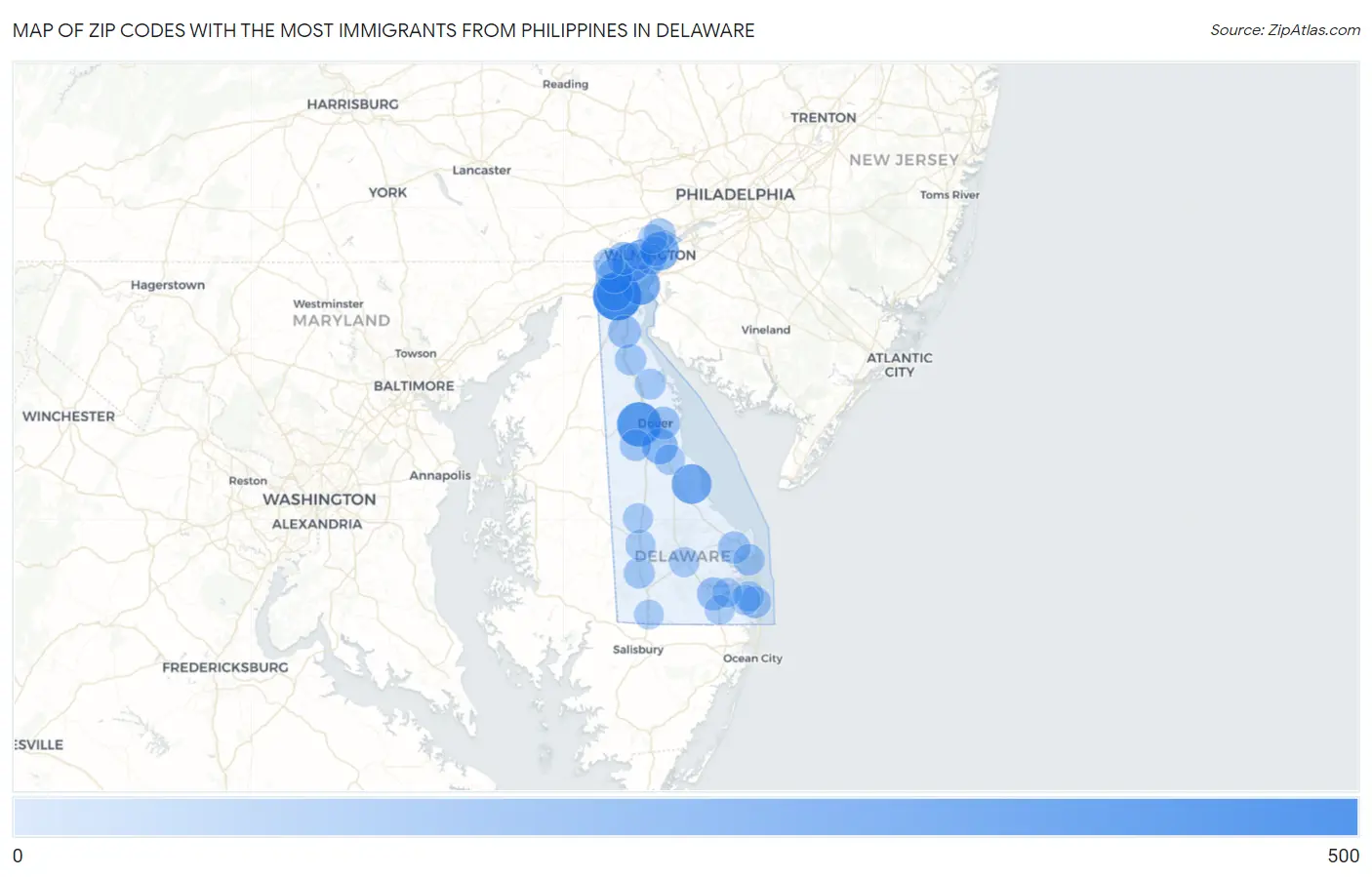 Zip Codes with the Most Immigrants from Philippines in Delaware Map