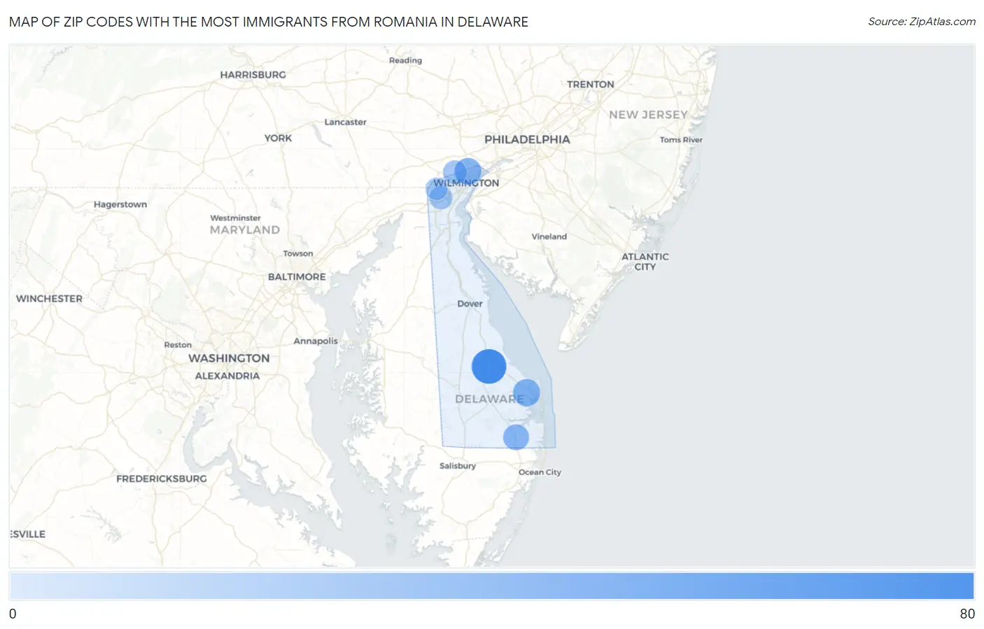 Zip Codes with the Most Immigrants from Romania in Delaware Map