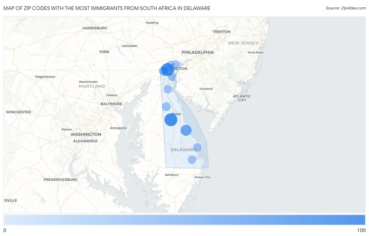Zip Codes with the Most Immigrants from South Africa in Delaware Map