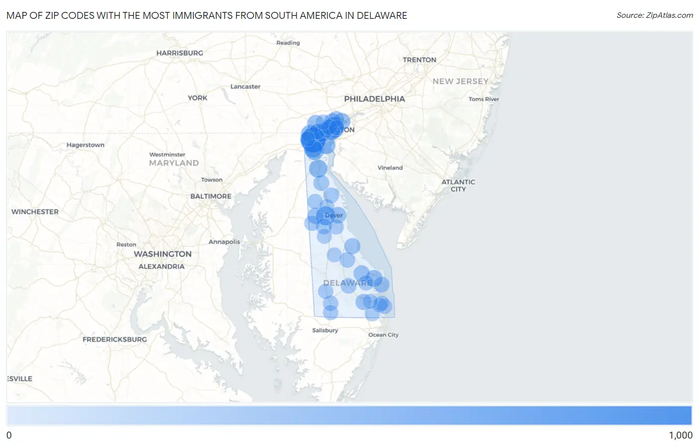 Zip Codes with the Most Immigrants from South America in Delaware Map