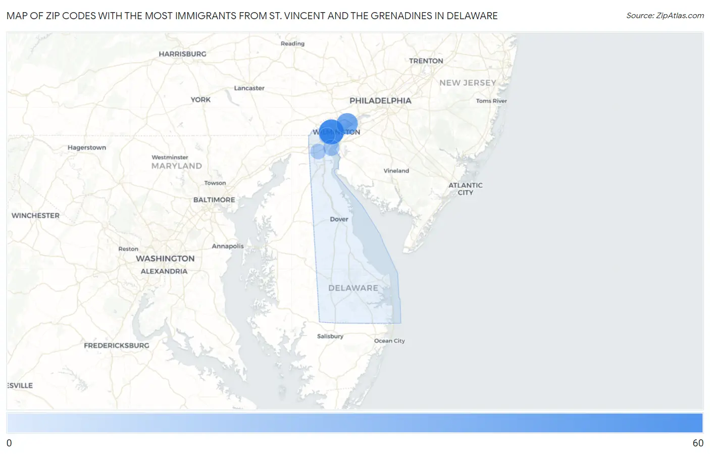 Zip Codes with the Most Immigrants from St. Vincent and the Grenadines in Delaware Map