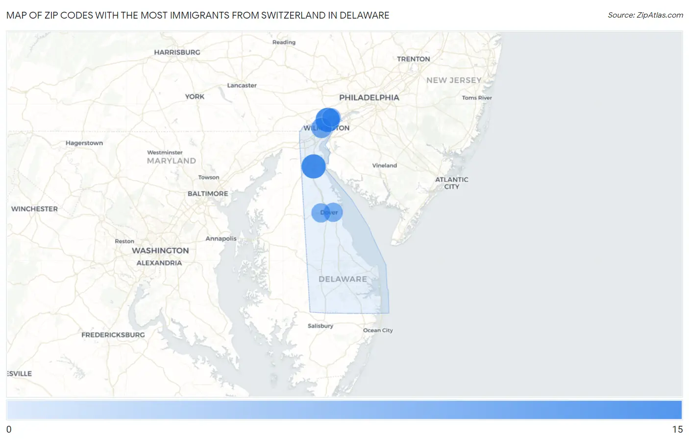 Zip Codes with the Most Immigrants from Switzerland in Delaware Map