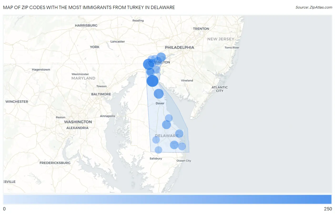Zip Codes with the Most Immigrants from Turkey in Delaware Map