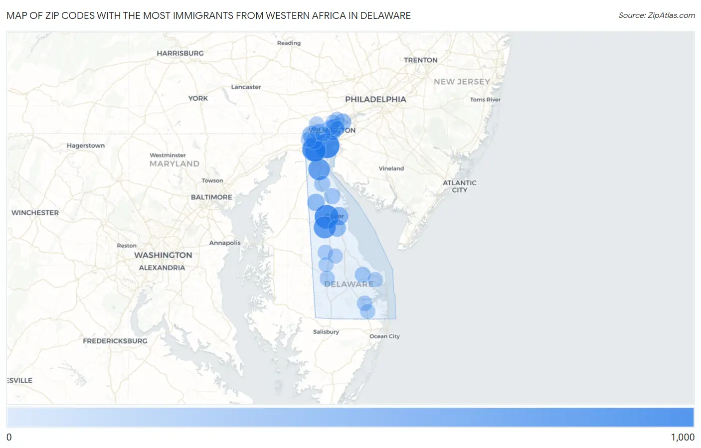 Zip Codes with the Most Immigrants from Western Africa in Delaware Map