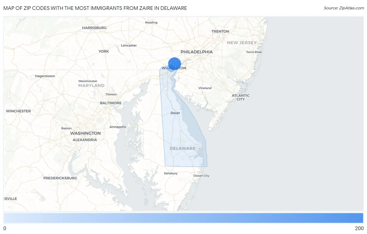 Zip Codes with the Most Immigrants from Zaire in Delaware Map