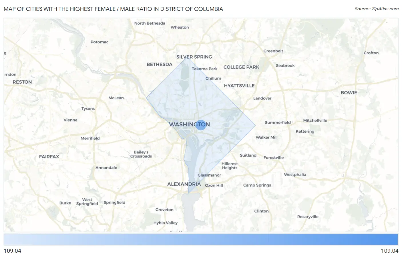 Cities with the Highest Female / Male Ratio in District Of Columbia Map