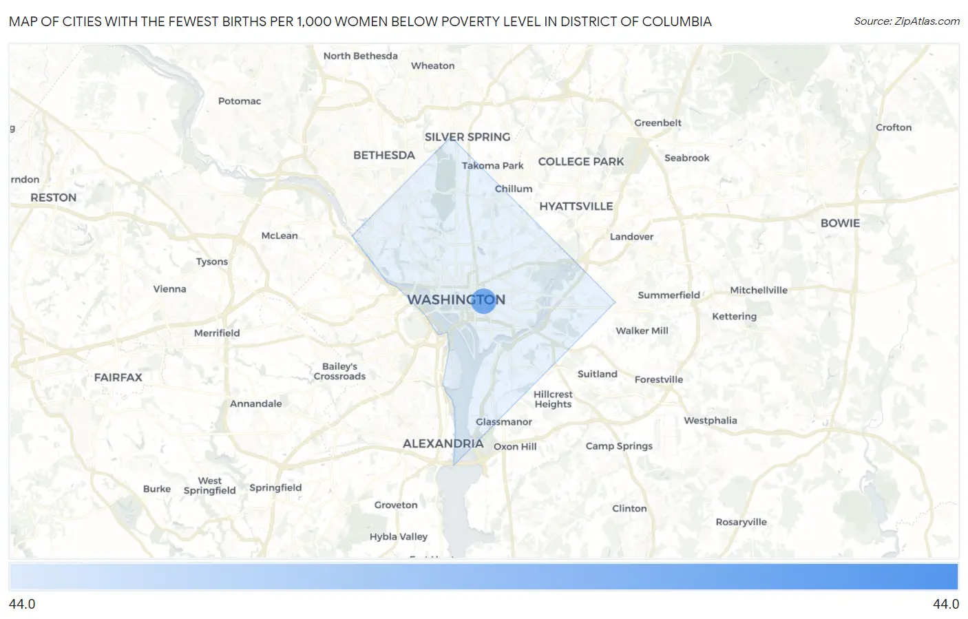 Cities with the Fewest Births per 1,000 Women Below Poverty Level in District Of Columbia Map