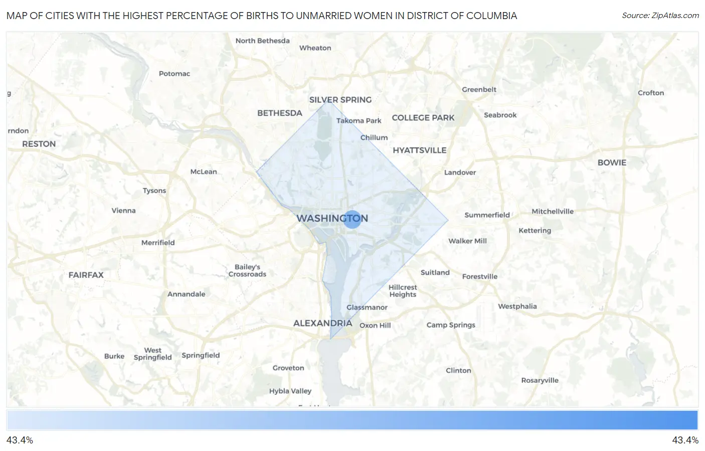 Cities with the Highest Percentage of Births to Unmarried Women in District Of Columbia Map
