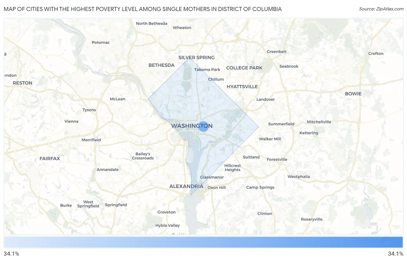 Cities with the Highest Poverty Level Among Single Mothers in District Of Columbia Map