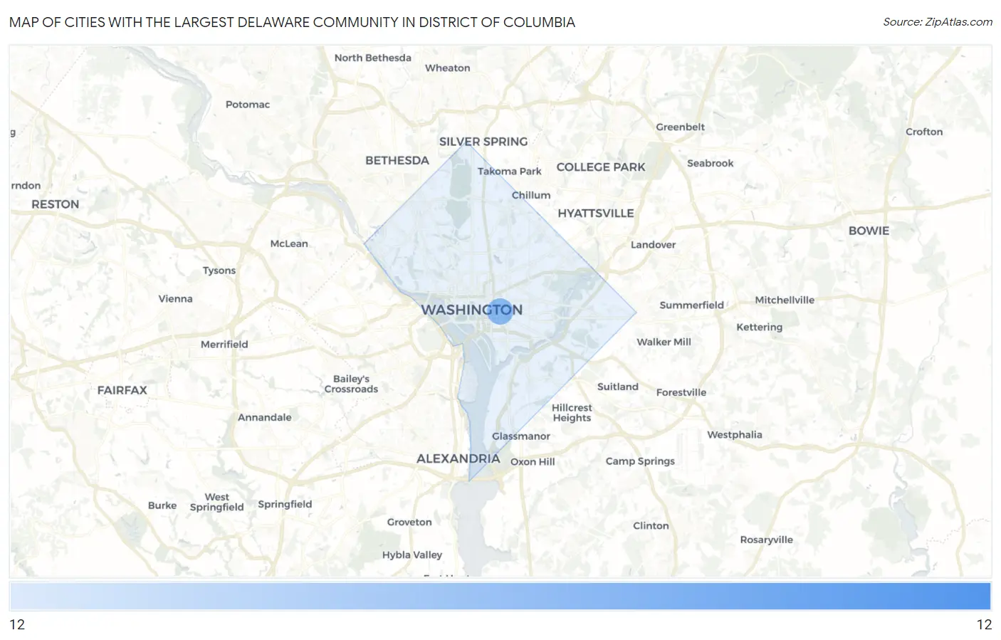 Cities with the Largest Delaware Community in District Of Columbia Map