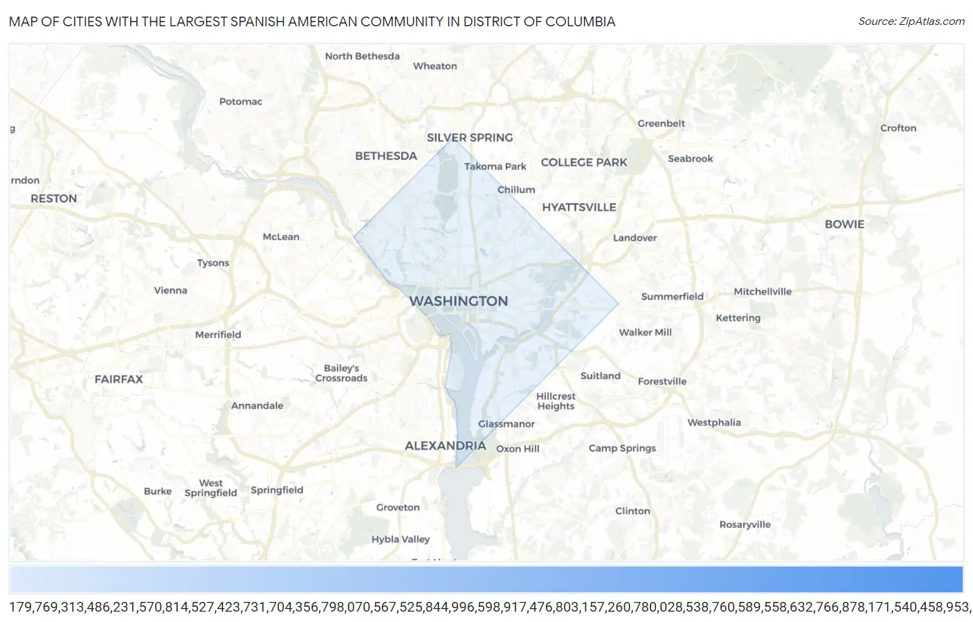 Cities with the Largest Spanish American Community in District Of Columbia Map