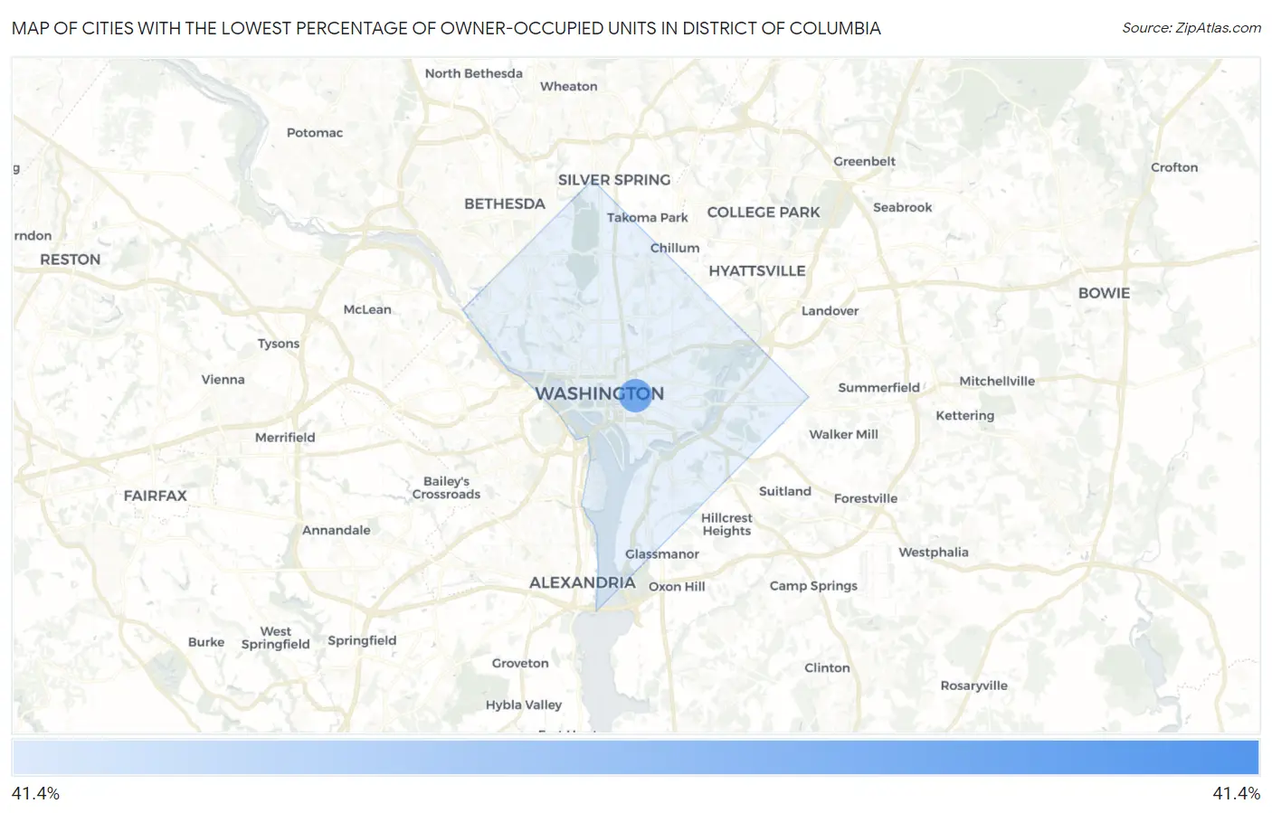 Cities with the Lowest Percentage of Owner-Occupied Units in District Of Columbia Map