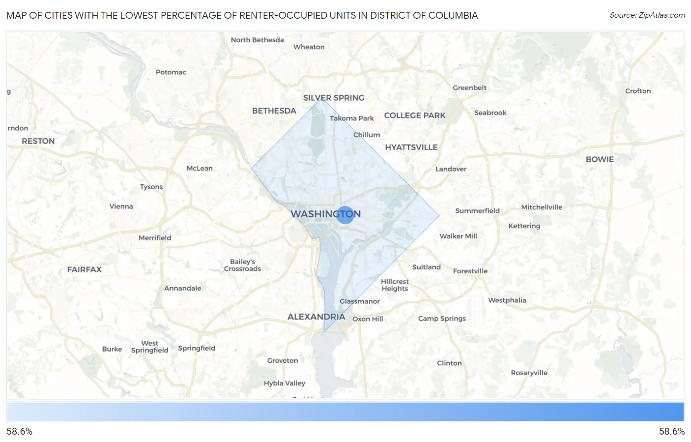 Cities with the Lowest Percentage of Renter-Occupied Units in District Of Columbia Map