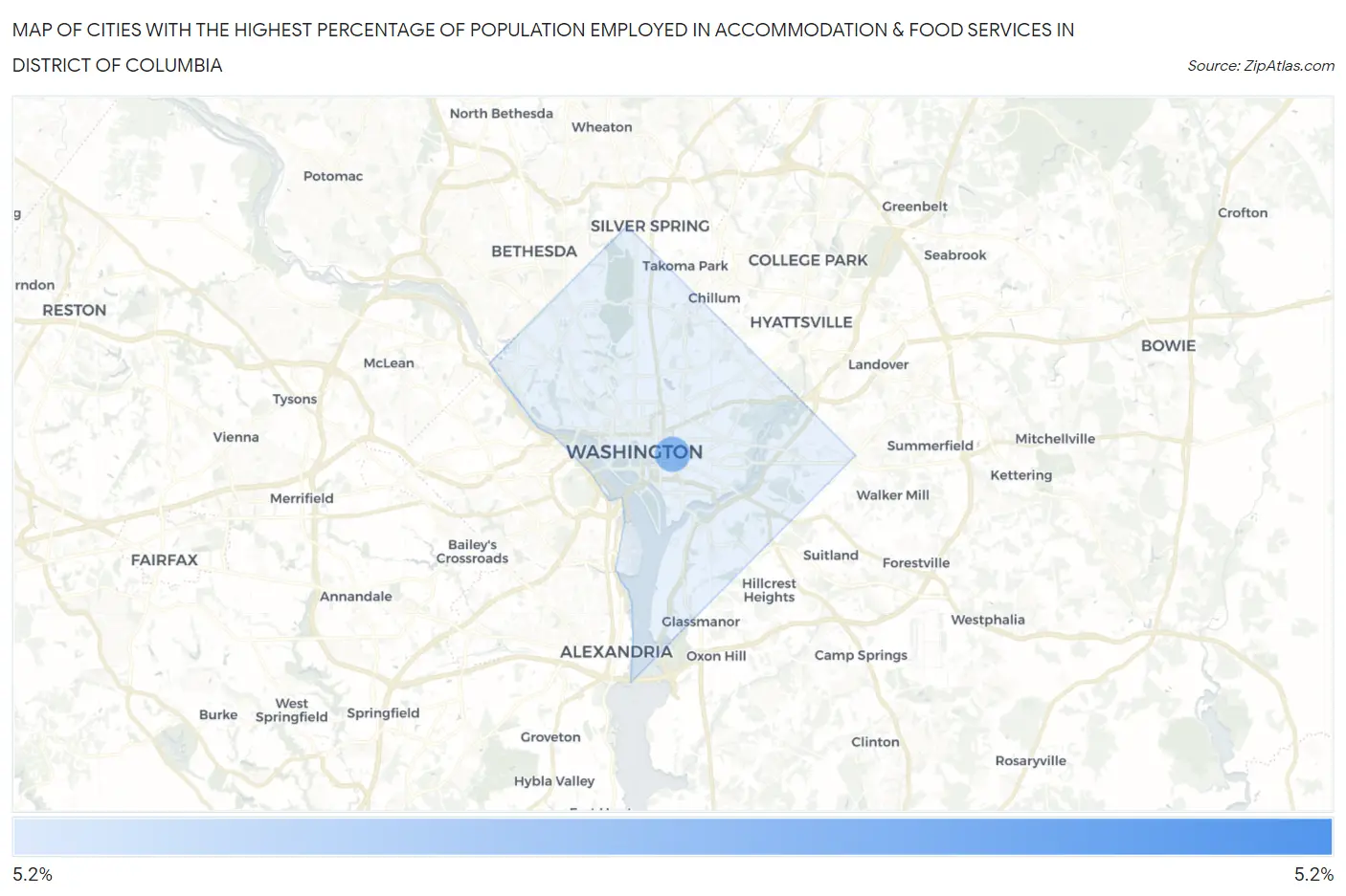 Cities with the Highest Percentage of Population Employed in Accommodation & Food Services in District Of Columbia Map