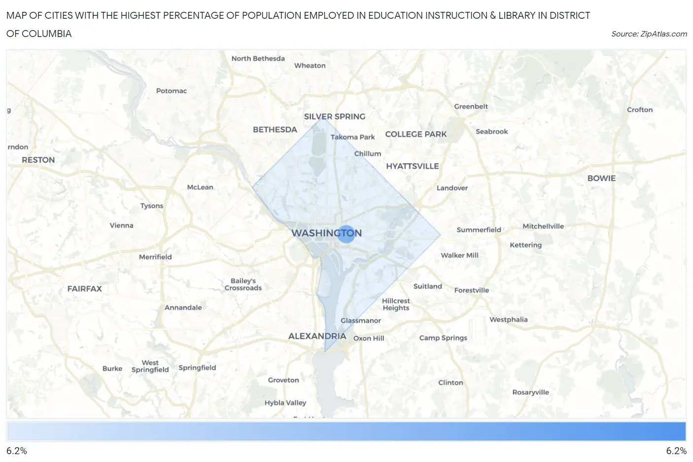 Cities with the Highest Percentage of Population Employed in Education Instruction & Library in District Of Columbia Map