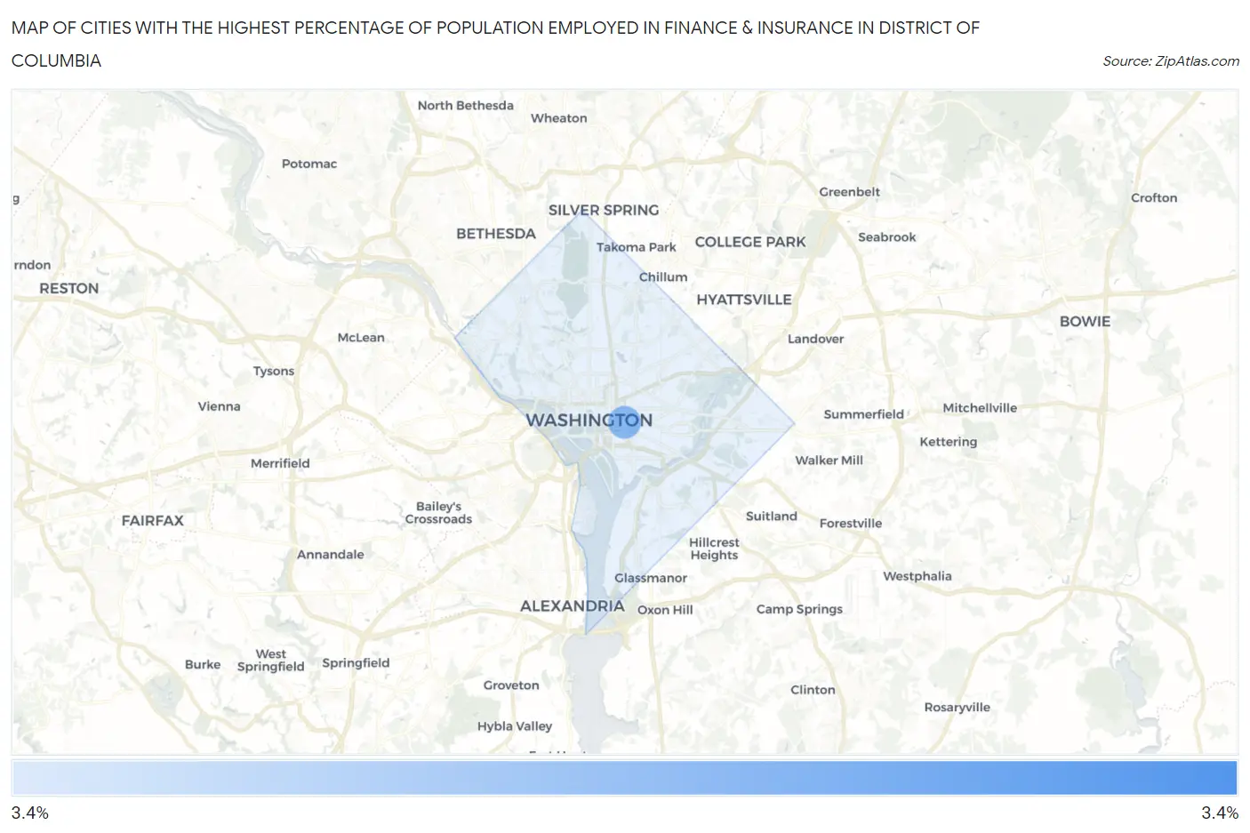 Cities with the Highest Percentage of Population Employed in Finance & Insurance in District Of Columbia Map