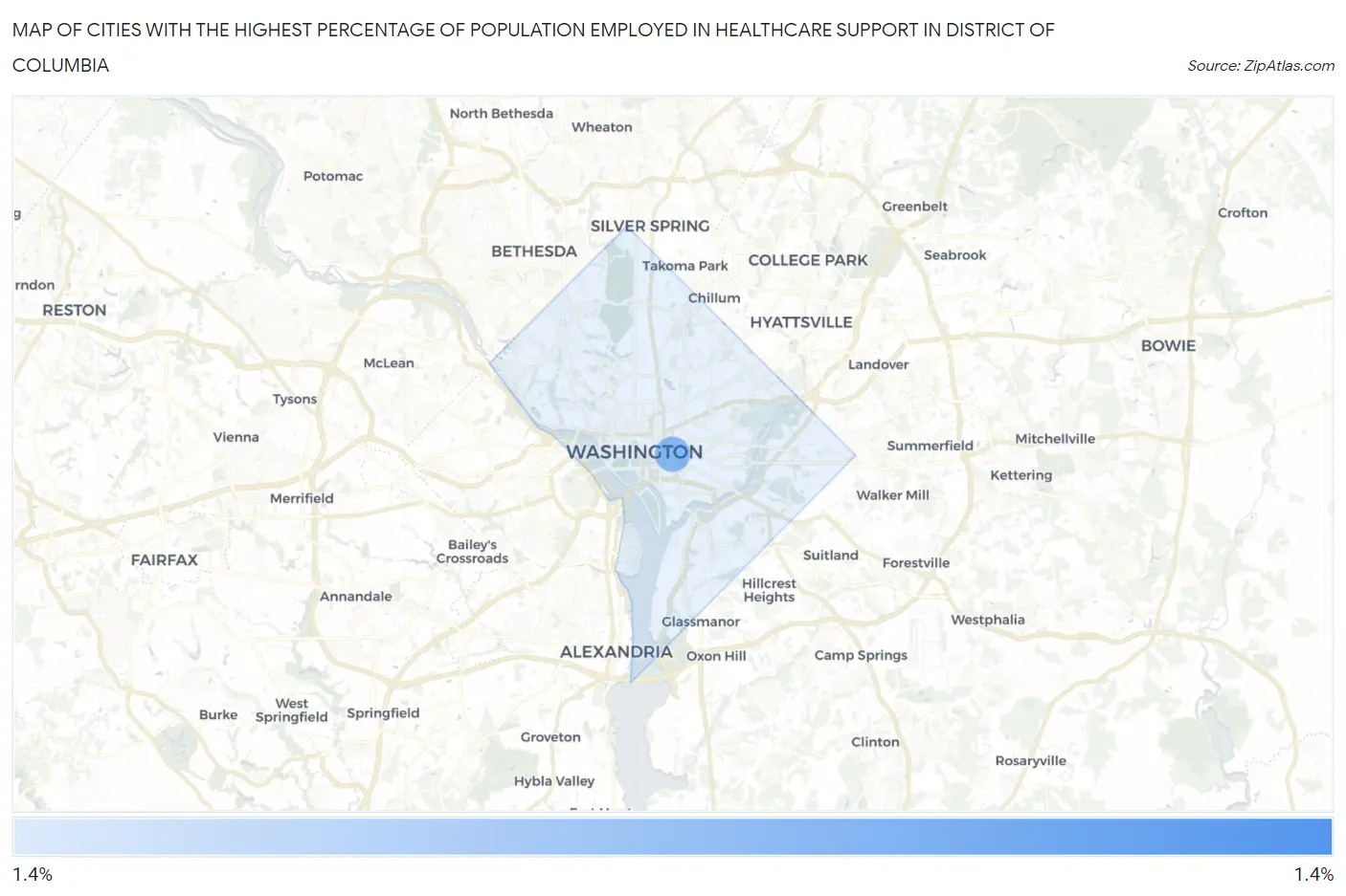 Cities with the Highest Percentage of Population Employed in Healthcare Support in District Of Columbia Map