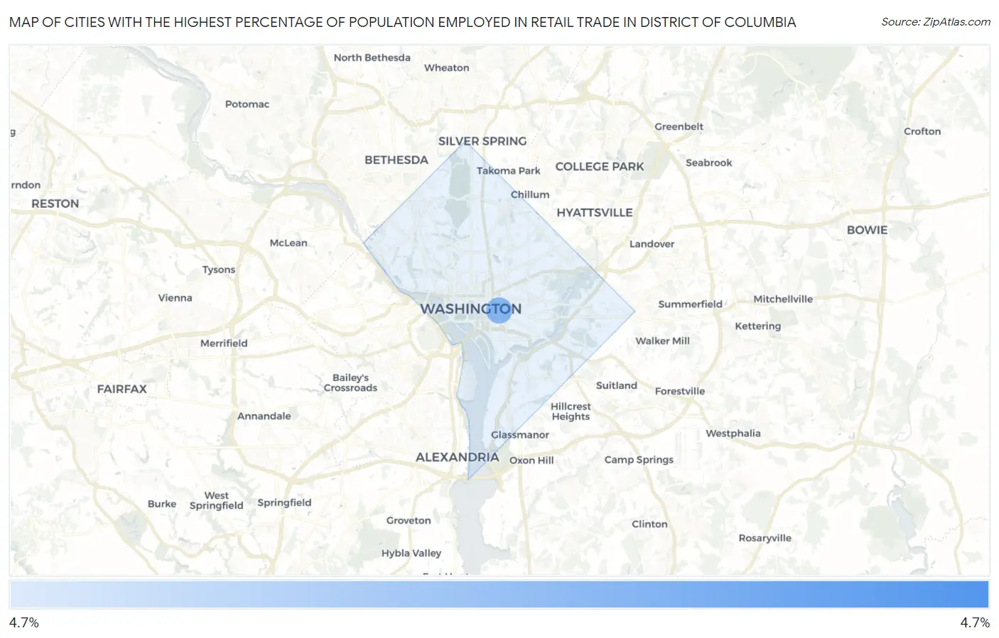 Cities with the Highest Percentage of Population Employed in Retail Trade in District Of Columbia Map