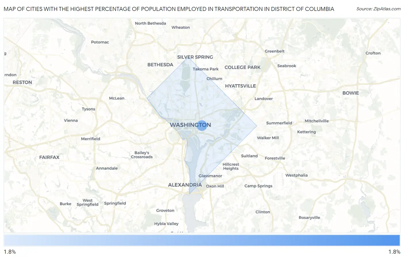 Cities with the Highest Percentage of Population Employed in Transportation in District Of Columbia Map