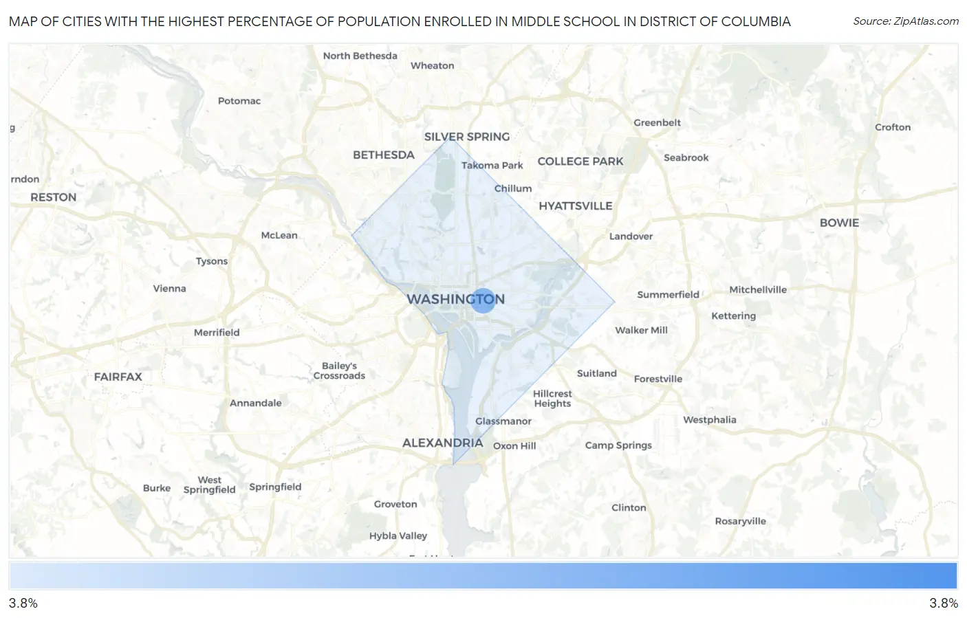 Cities with the Highest Percentage of Population Enrolled in Middle School in District Of Columbia Map
