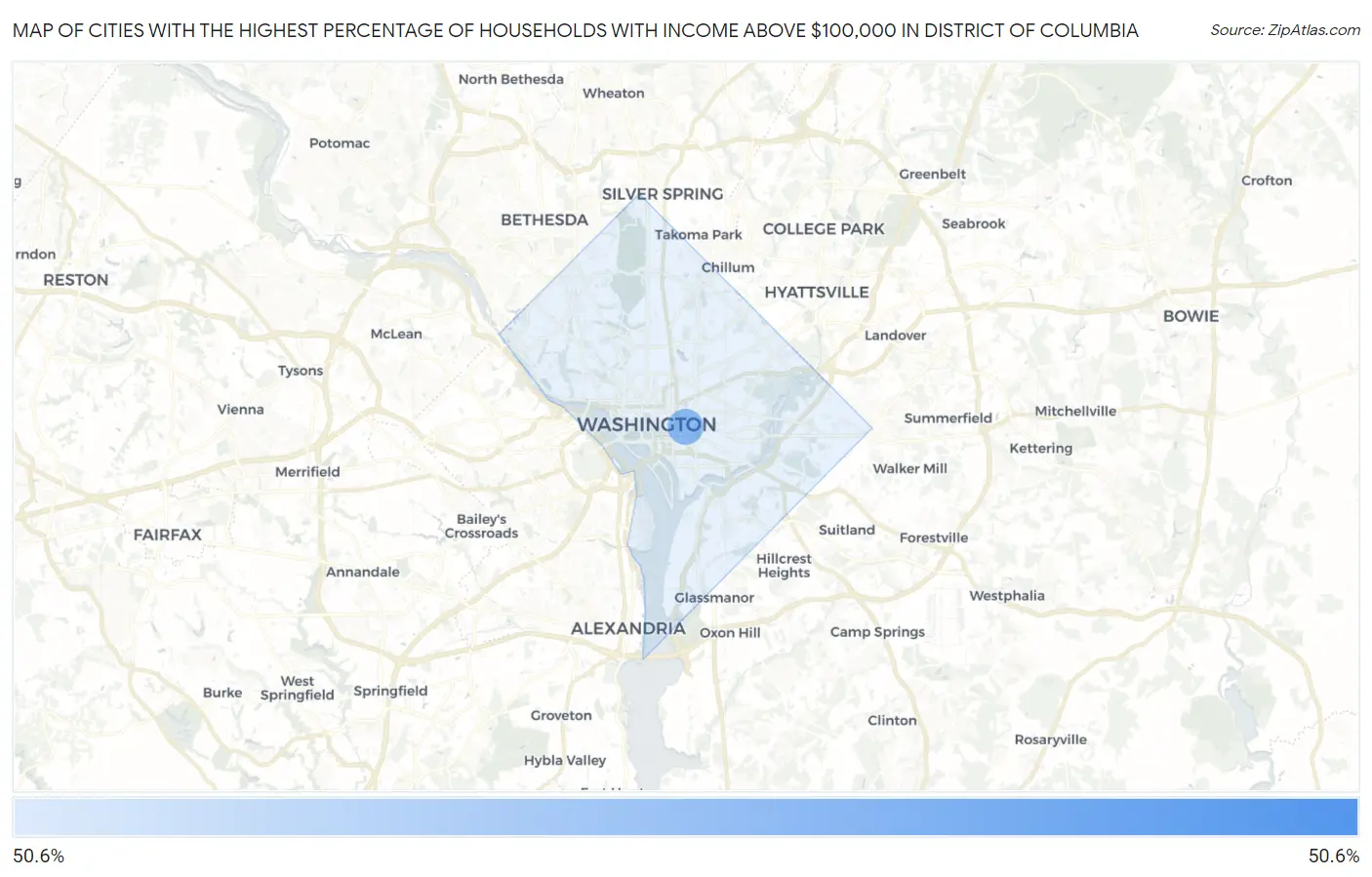 Cities with the Highest Percentage of Households with Income Above $100,000 in District Of Columbia Map
