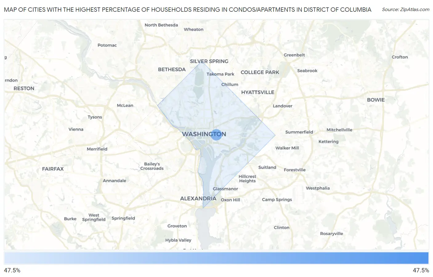 Cities with the Highest Percentage of Households Residing in Condos/Apartments in District Of Columbia Map