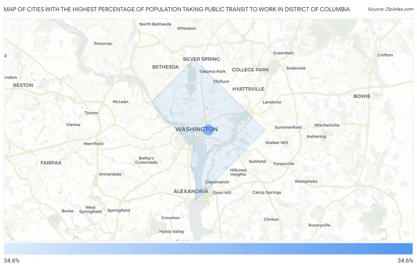 Cities with the Highest Percentage of Population Taking Public Transit to Work in District Of Columbia Map
