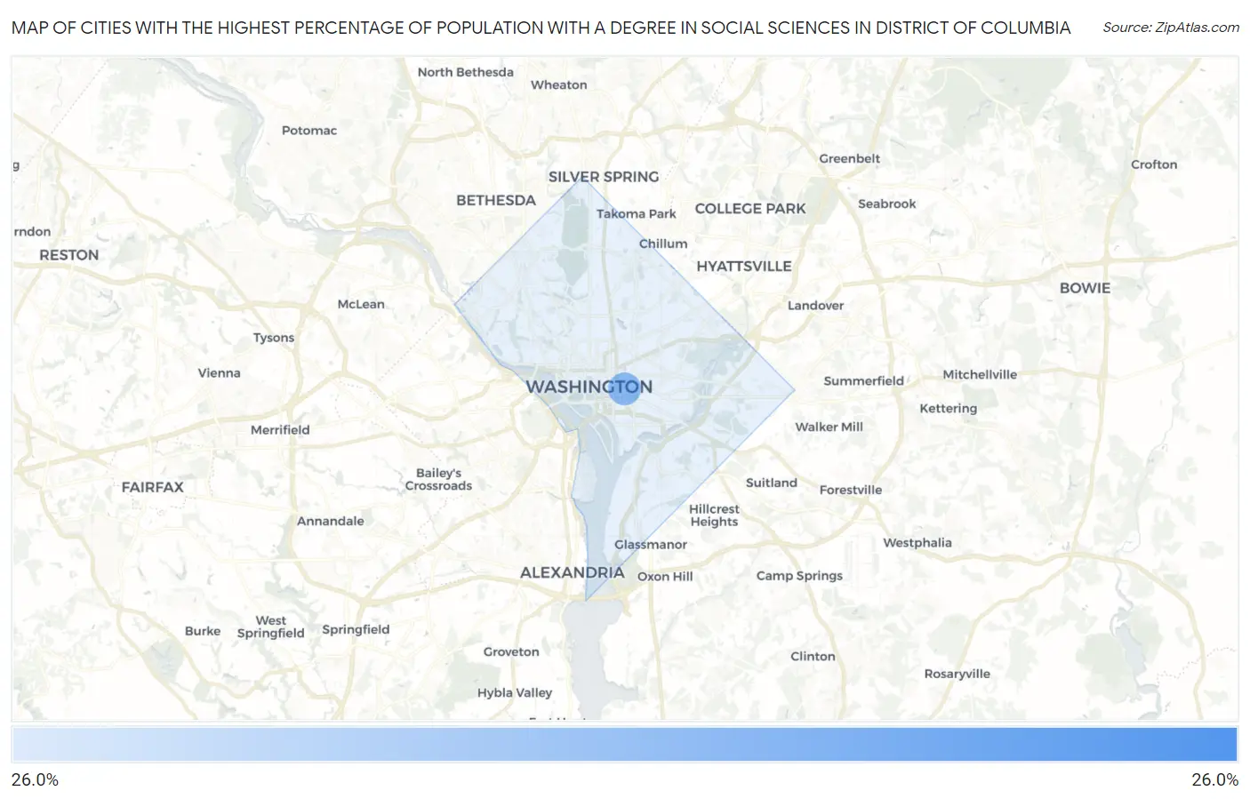 Cities with the Highest Percentage of Population with a Degree in Social Sciences in District Of Columbia Map