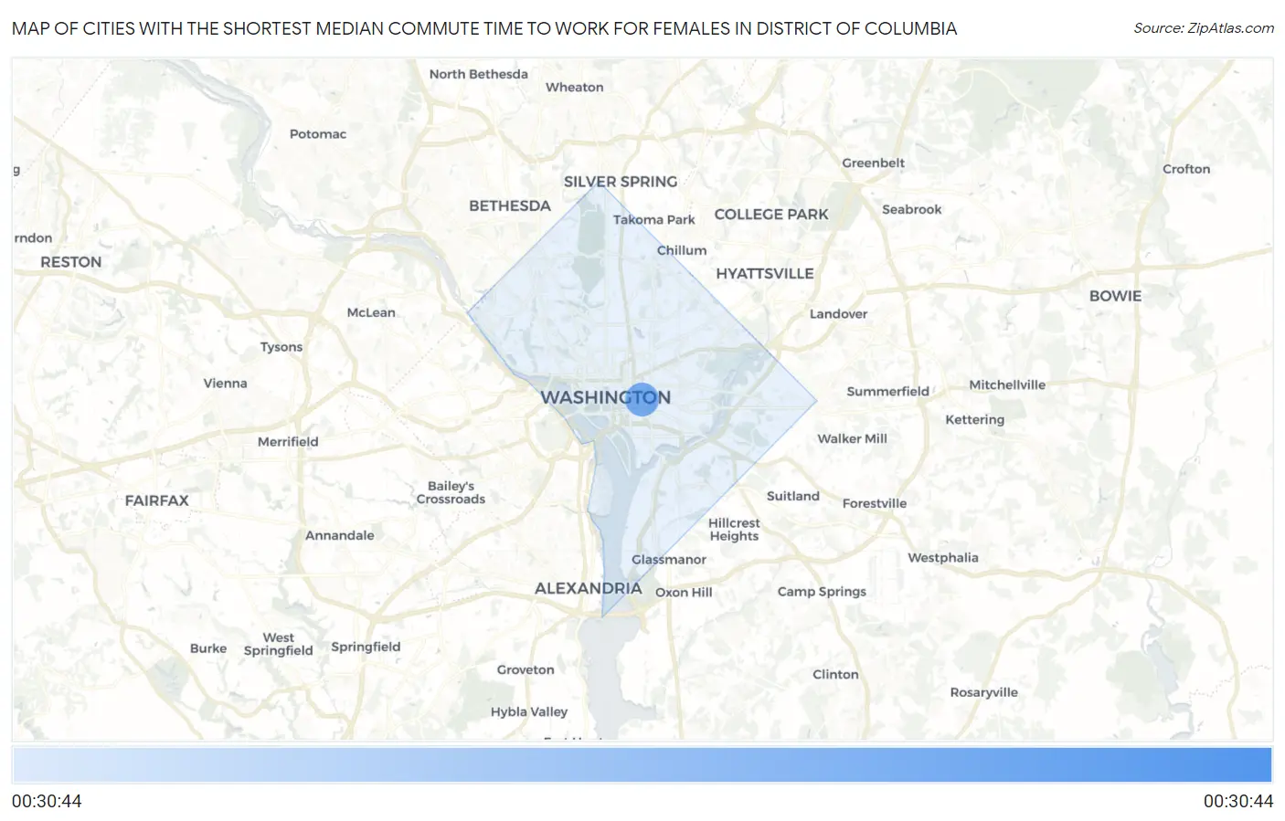Cities with the Shortest Median Commute Time to Work for Females in District Of Columbia Map