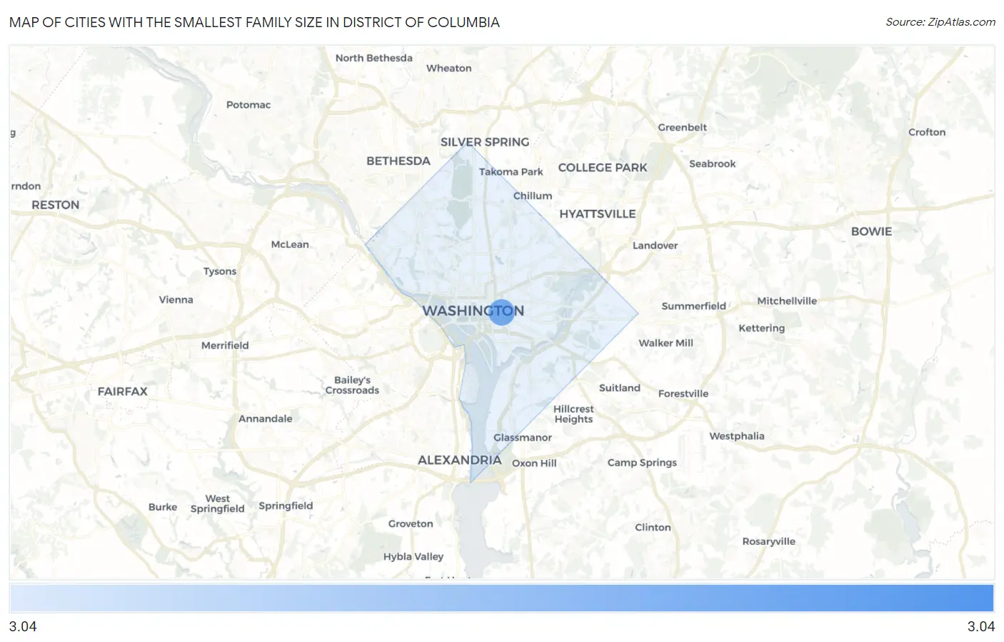 Cities with the Smallest Family Size in District Of Columbia Map
