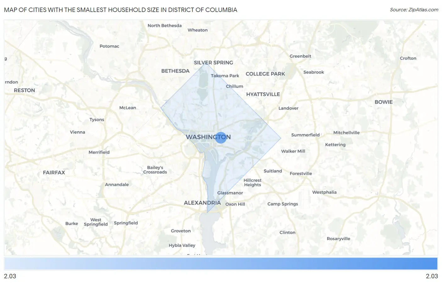 Cities with the Smallest Household Size in District Of Columbia Map