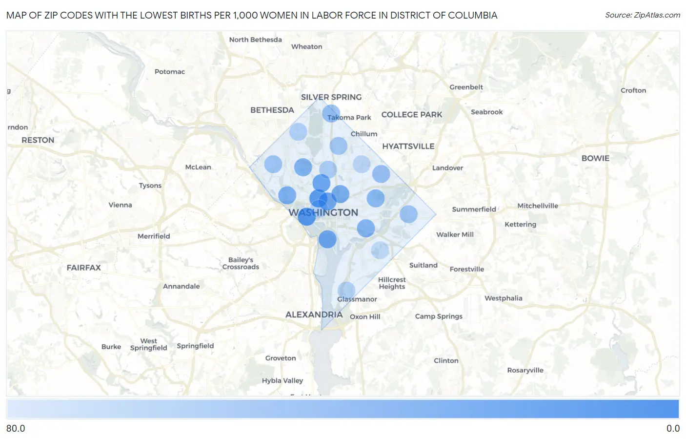 Zip Codes with the Lowest Births per 1,000 Women in Labor Force in District Of Columbia Map