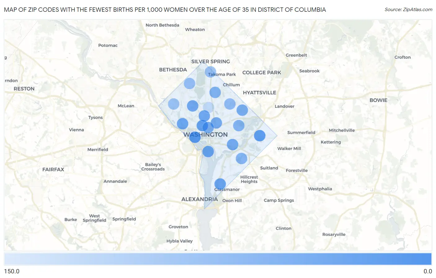 Zip Codes with the Fewest Births per 1,000 Women Over the Age of 35 in District Of Columbia Map