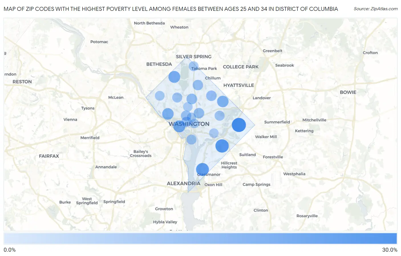 Zip Codes with the Highest Poverty Level Among Females Between Ages 25 and 34 in District Of Columbia Map
